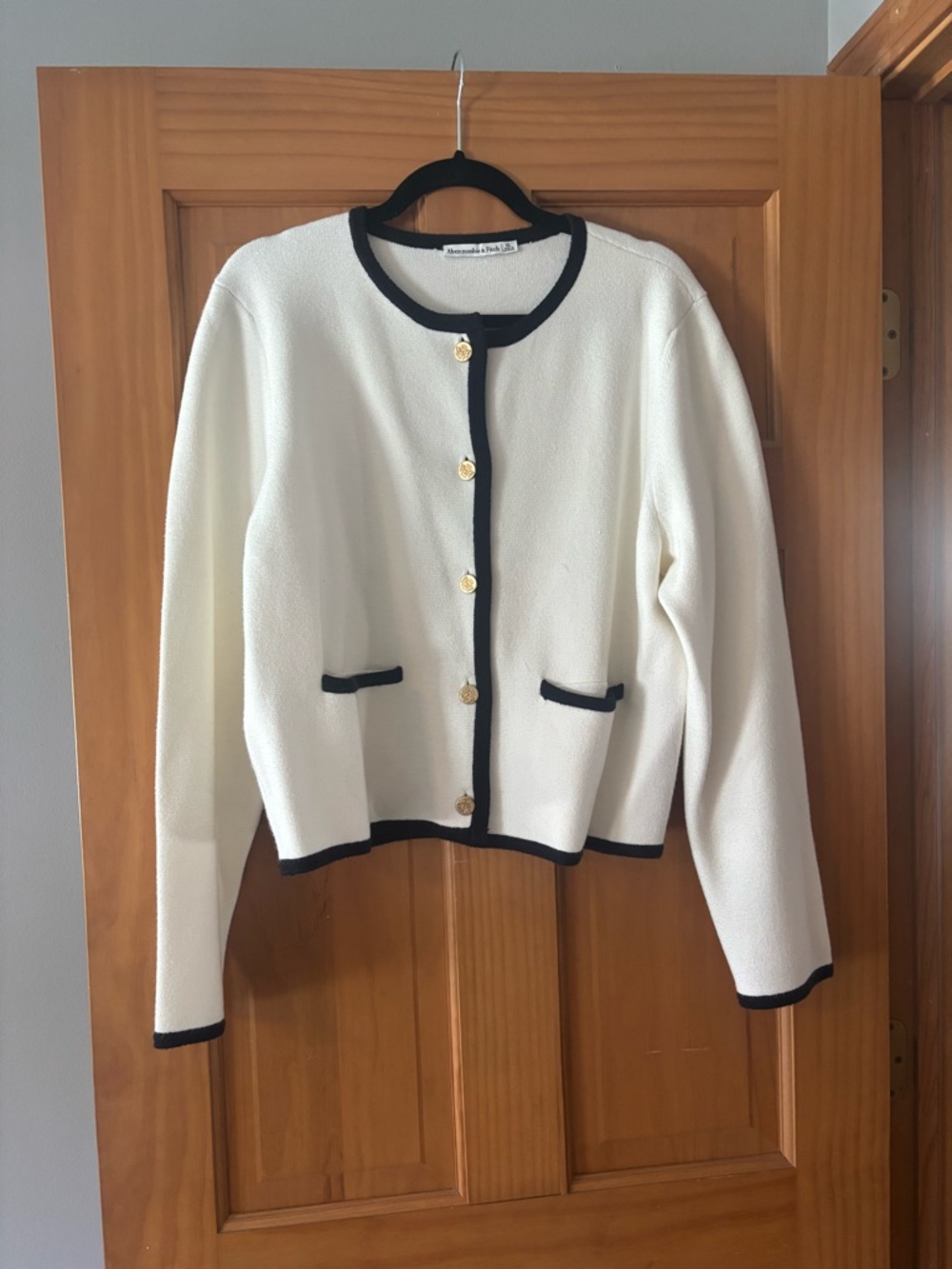 Abercrombie & Fitch Cream Cardigan with Black Trim and Gold Button
